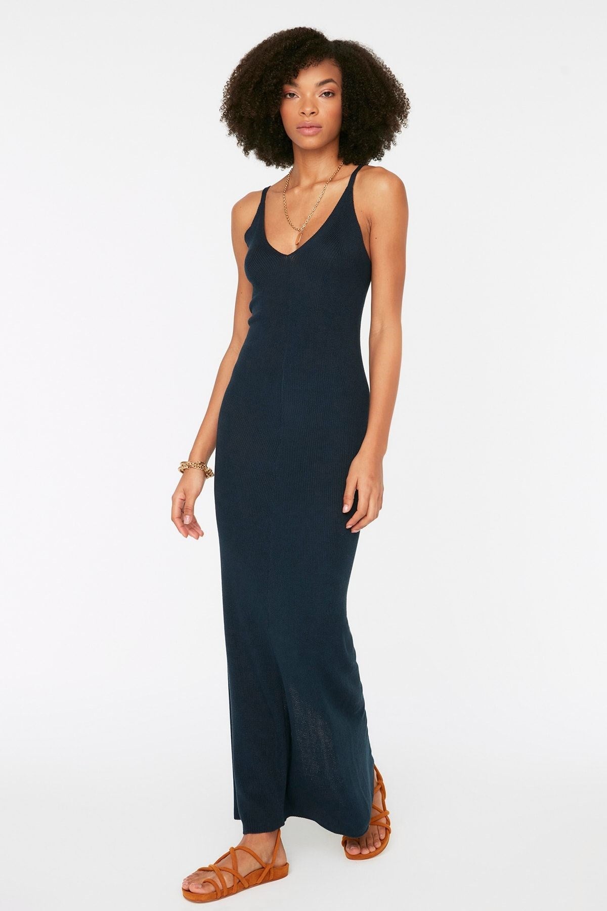 Navy Blue Maxi Knitwear Basic Dress Twoss20el1574