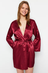 Black Satin Back Cut-out/window Detailed Woven Dressing Gown Thmaw24sb00006