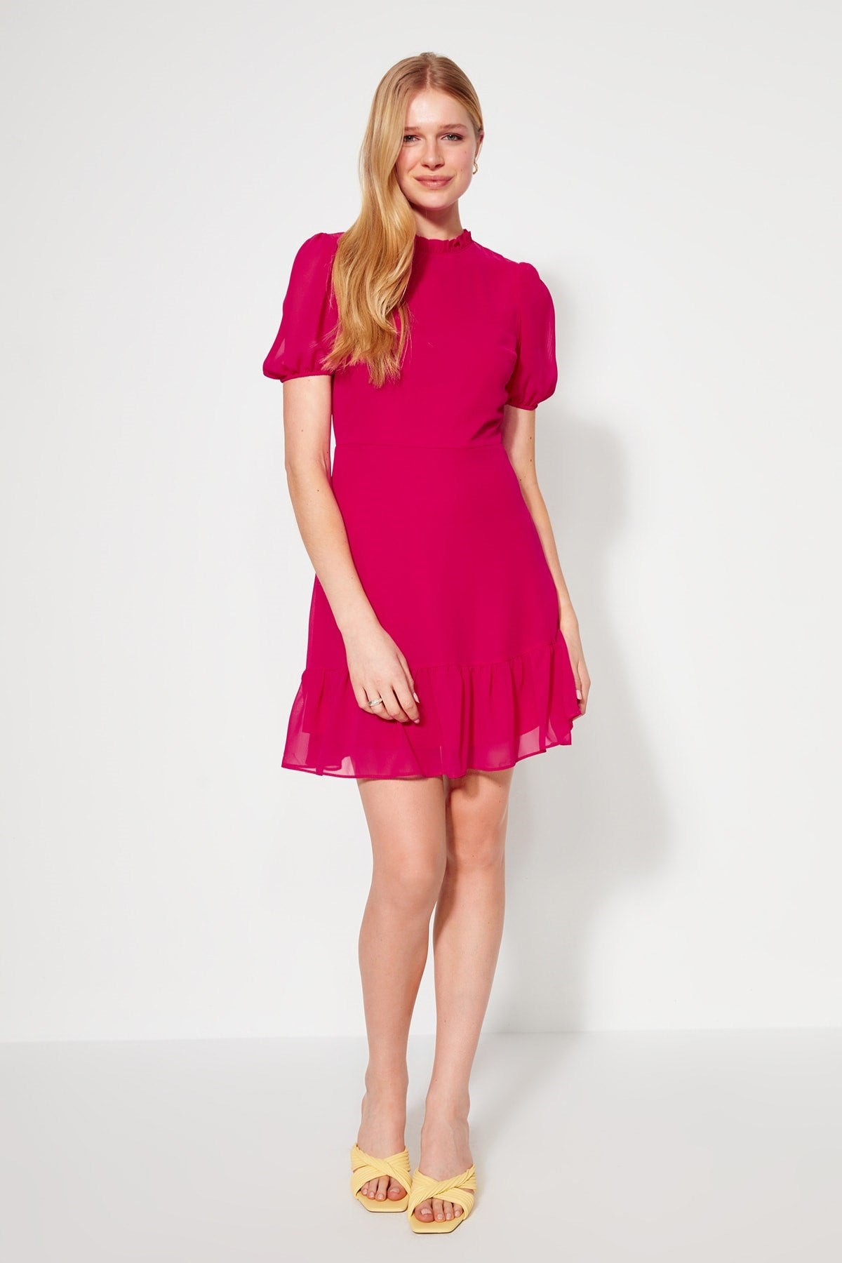 Fuchsia A-cut Ruffle Chiffon Lined Woven Woven Dress Twoss23el00520