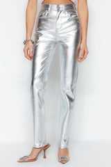 Silver Shiny Metallic Printed High Waist Straight Jeans Twoss23je00243