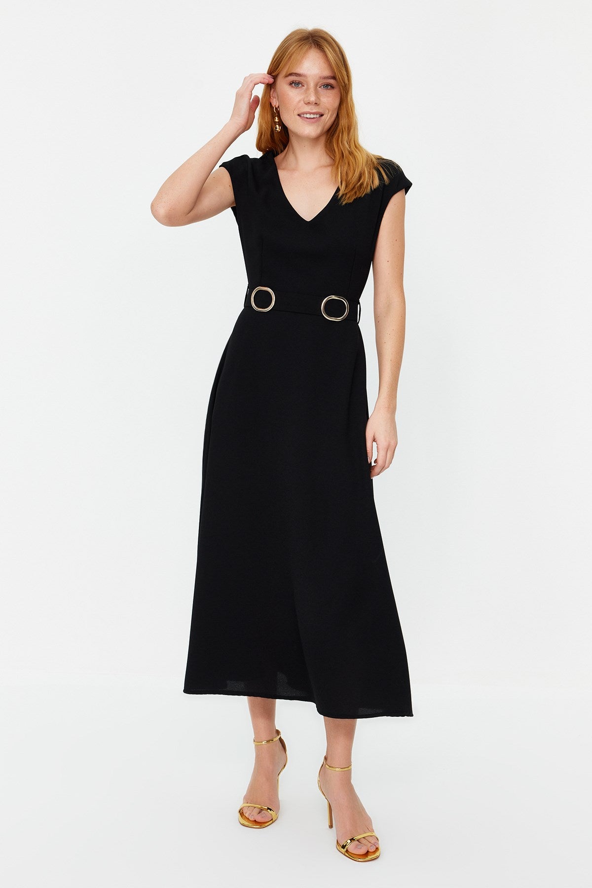 Black Belted Skirt Waist Midi Crepe Woven Dress Twoss24el00018