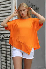 Orange Round Neck Bat Sleeve Knitted Asymmetric Blouse M10010200bl93150