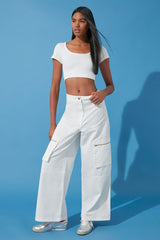 White Zipper Detailed High Waist Wide Leg Jeans Twoss24je00094