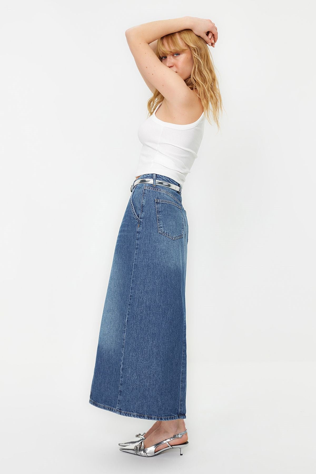 Blue Stitching Detailed High Waist Maxi Denim Skirt Twoss24et00009