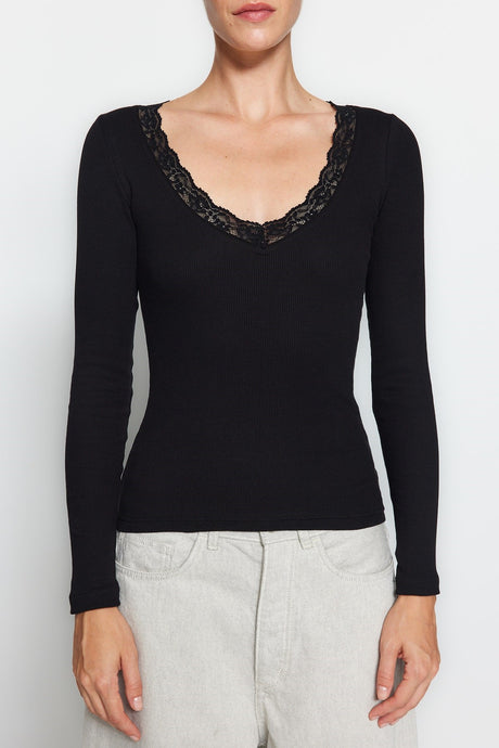 Black V Neck Lace Detailed Ribbed Fitted/body-fitting Cotton Stretch Knit Blouse Twoaw24bz00070