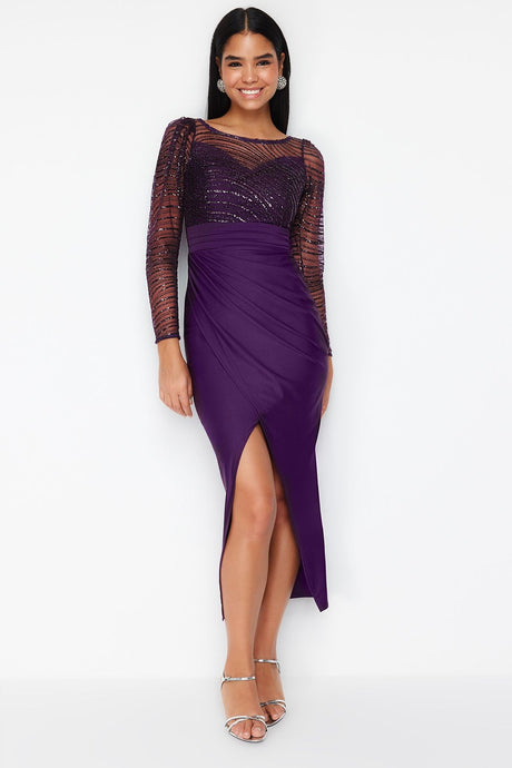 Purple Tulle Detailed Knitted Elegant Evening Dress Tprss24ae00103