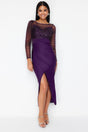 Purple Tulle Detailed Knitted Elegant Evening Dress Tprss24ae00103