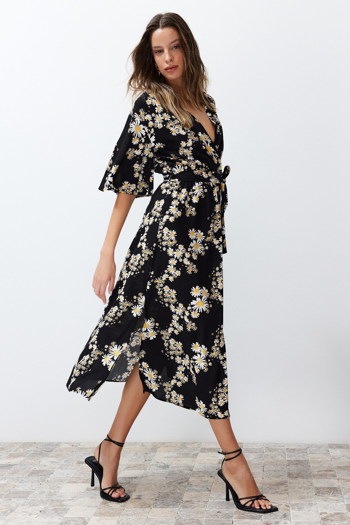 Black Belted Floral Print A Cut Double Neck Midi Woven Dress Twoss24el00915