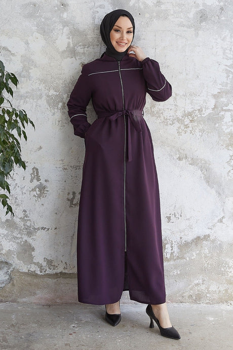 Milena Biye Detail Belted Abaya - Plum Ms00tz7035