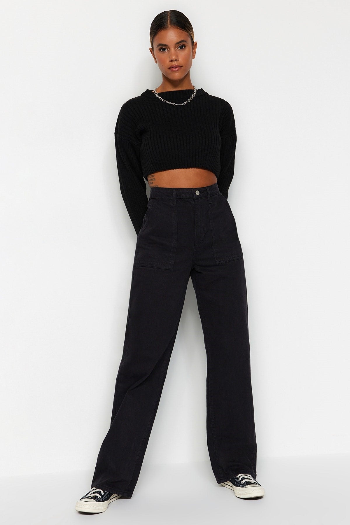 Black Pocket Detailed High Waist Wide Leg Jeans Twoaw22je0595