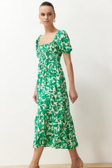 Green Floral Skater Gipe Neckline Detailed Shally Midi Woven Dress Twoss24el00952