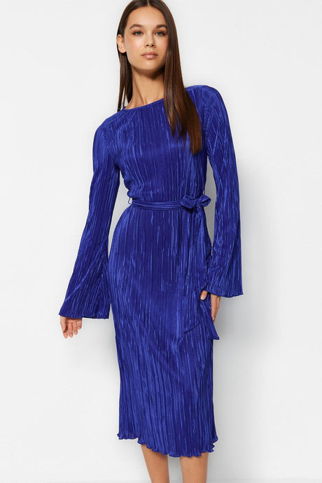 Navy Blue Premium Pleated Fabric Flare Sleeve Detailed A-line Midi Knit Dress Twoaw24el00125