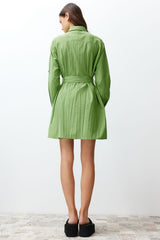 Green Belted Fabric Textured Mini Woven Shirt Dress Twoss24el00316