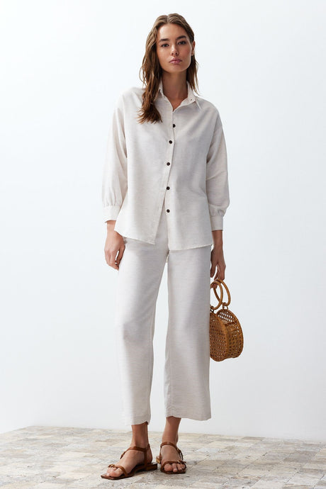 Ecru Woven Bottom Top Suit Twoss24au00065