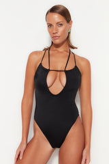 Black Deep V Neck Jointed High Leg Swimsuit Tbess23ma00007