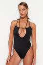 Black Deep V Neck Jointed High Leg Swimsuit Tbess23ma00007