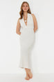 Khaki Maxi Woven Back Halter Linen Blend Beach Dress Tbess24el00096