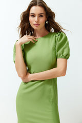 Green Body Wrapping Balloon Sleeve Midi Woven Dress Twoss24el00502