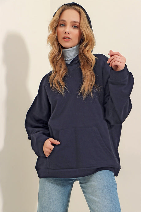 Women's Navy Blue Hooded Kangaroo Pocket 3-thread Thick Sweatshirt Alc-531-009