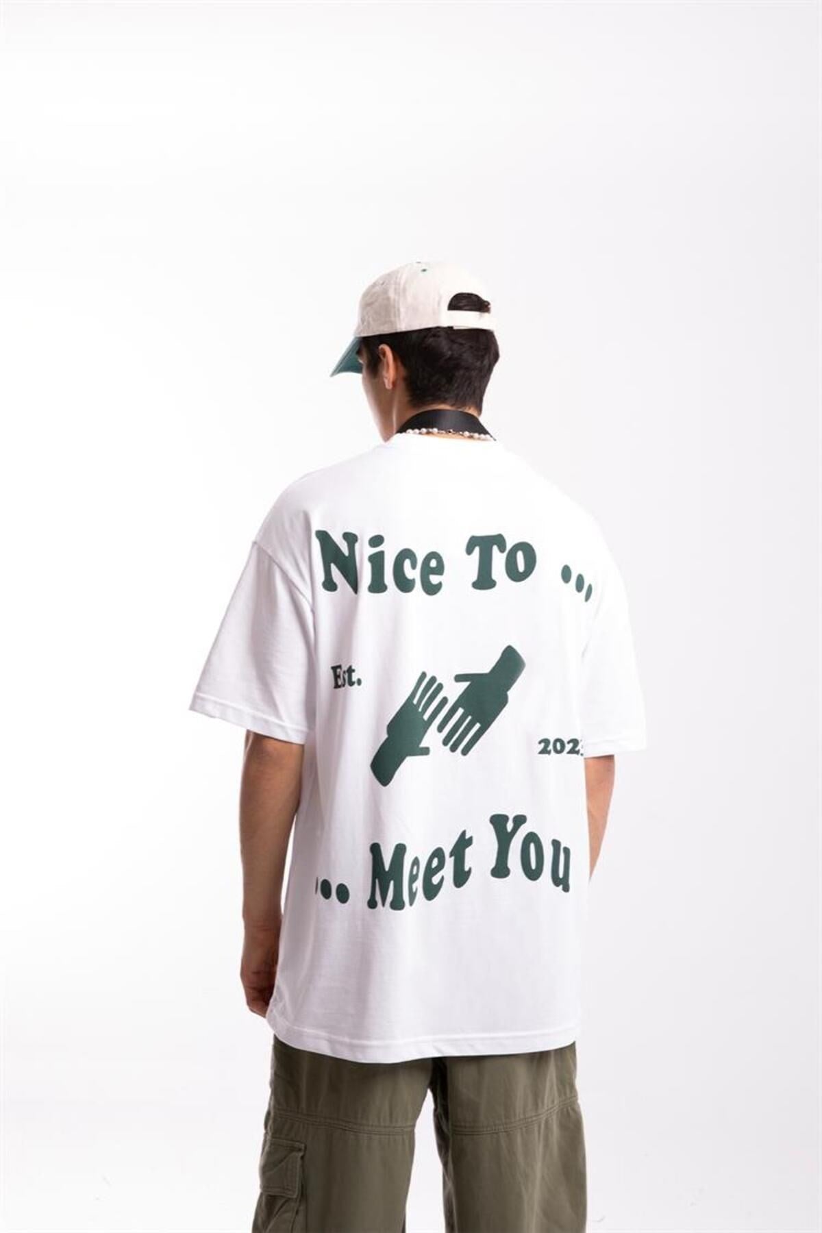 Nice To Meet You Printed White Oversize T-shirt Flaw-182-005-030