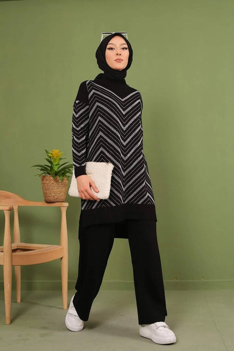 Silvery Knitwear Tunic Trousers Suit - Black Mq2320