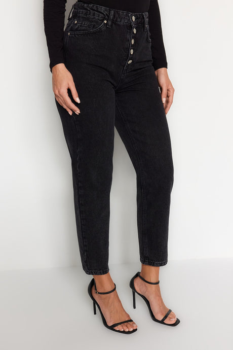 Black Front Button High Waist Mom Jeans Twoaw24je00071