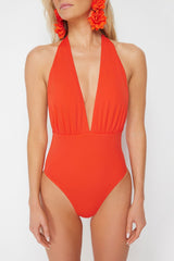 Red Deep Neckline Back Cleavage Regular Swimsuit Tbess24ma00086