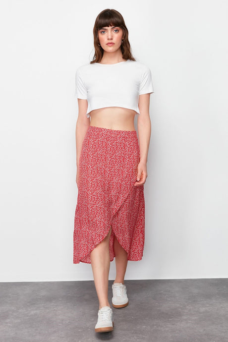 Red Slit Floral Print Midi Woven Skirt Twoss24et00160