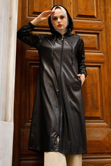 Hooded Long Leather Cap - Black Ms00mc6789