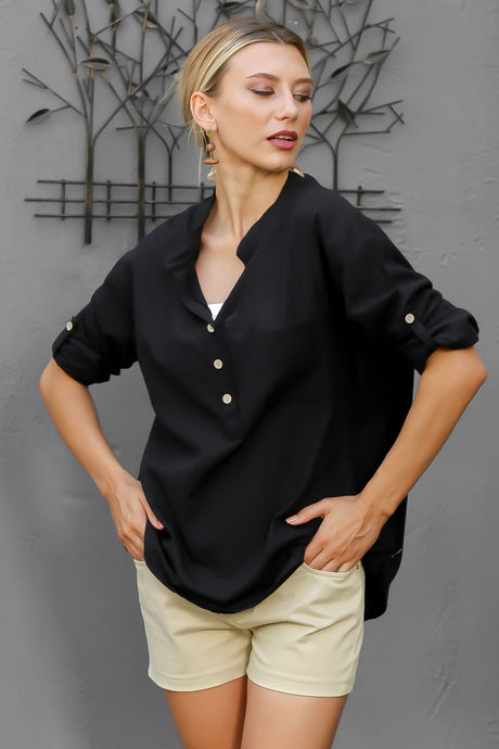 Cream Color Patched Collar Long Sleeve Solid Color Buttoned Single Pocket Woven Blouse M10010200bl92