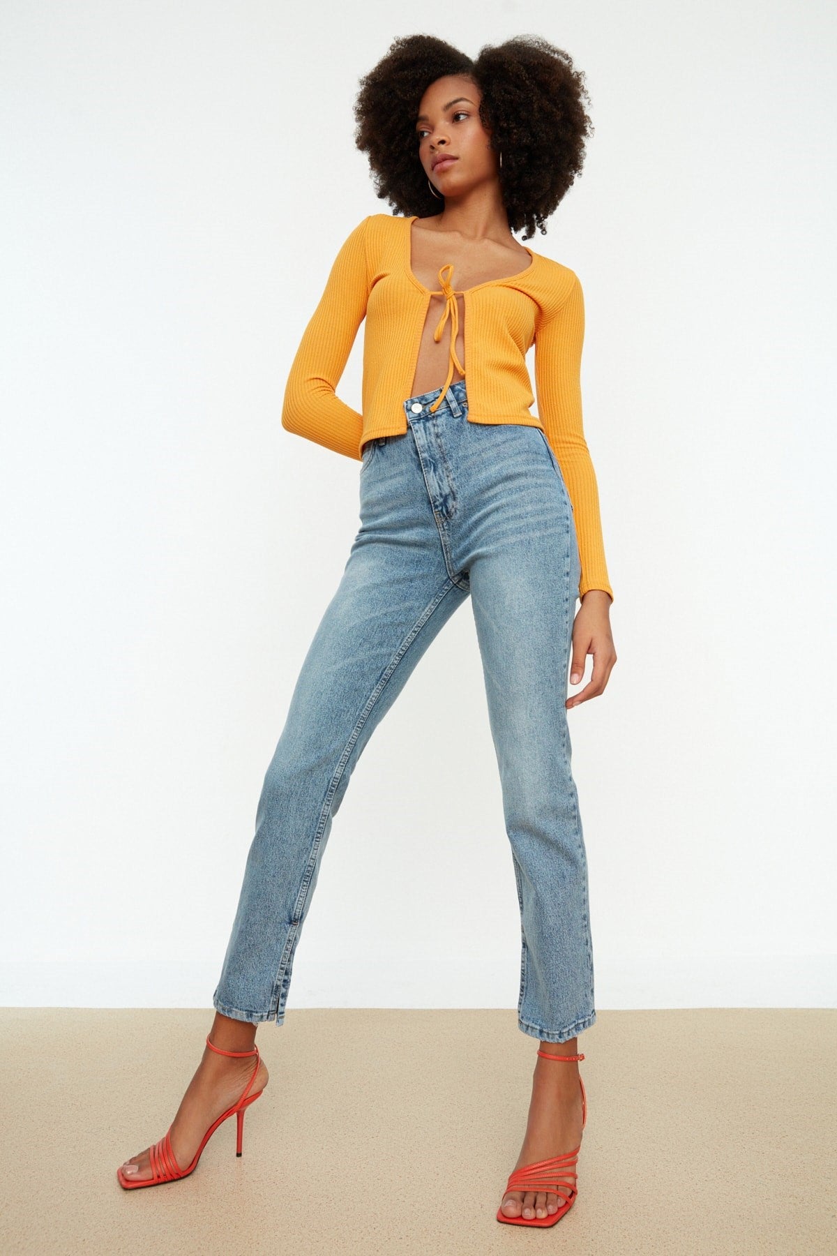 Blue Slit High Waist Straight Jeans Twoss22je0430