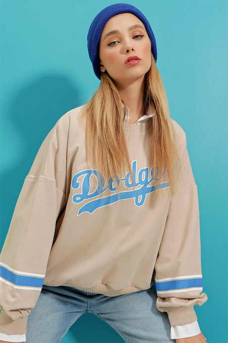 Women's Sky Blue Crew Neck Dodgers Printed Sleeve Striped Sweatshirt Alc-x8960