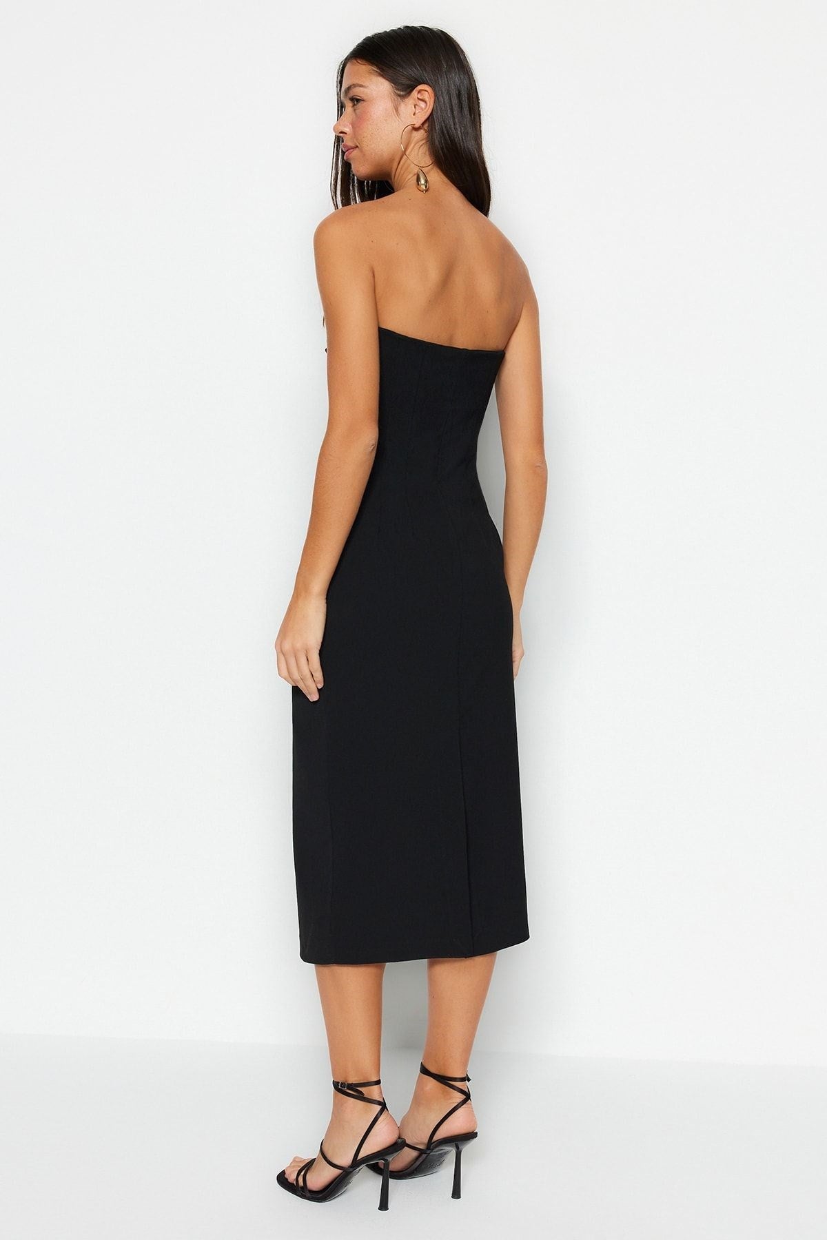 Black Shift/straight Cut Strapless Gabardine Midi Woven Dress Twoss22el00795