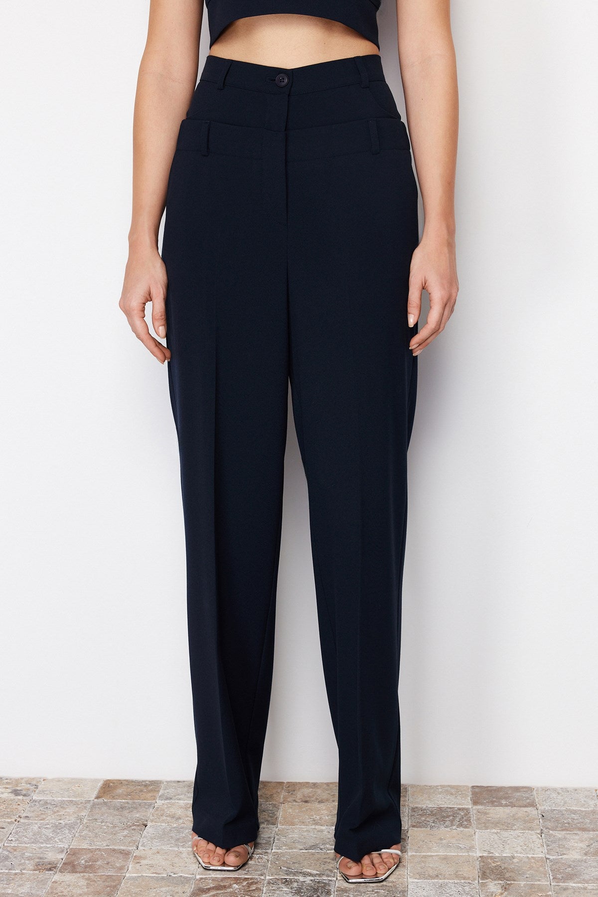 Navy Blue Straight/straight Cut Polyviscose Waist Detailed Woven Pants Twoss24pl00078