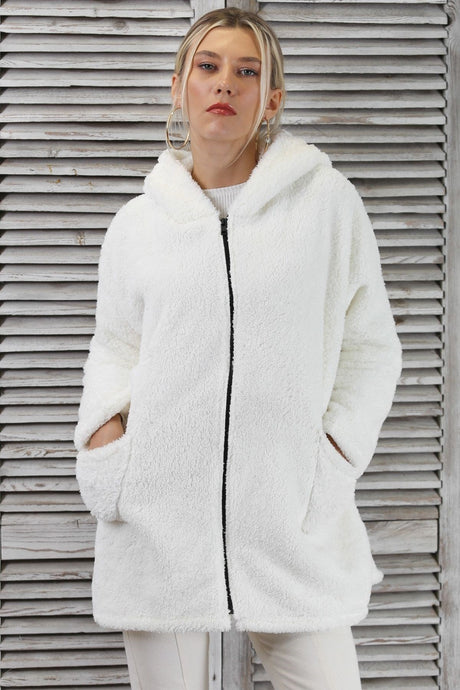 Cream Long Sleeve Zipper Double Pocket Hooded Teddy Woven Oversize Plush Jacket M10210100ce98322