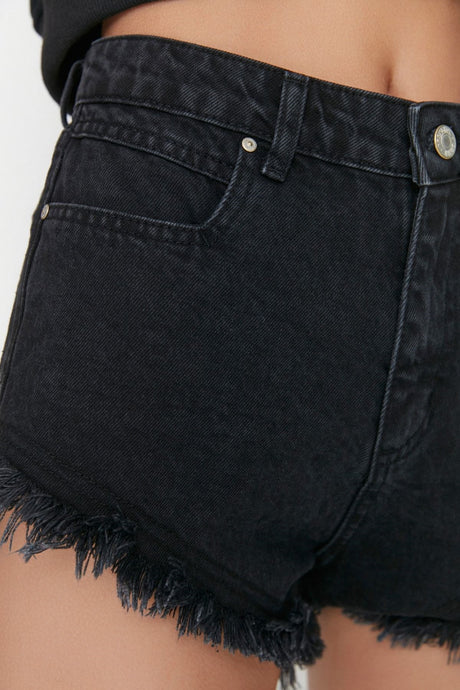 Black Ripped Detailed High Waist Denim Shorts Twoss22sr00152