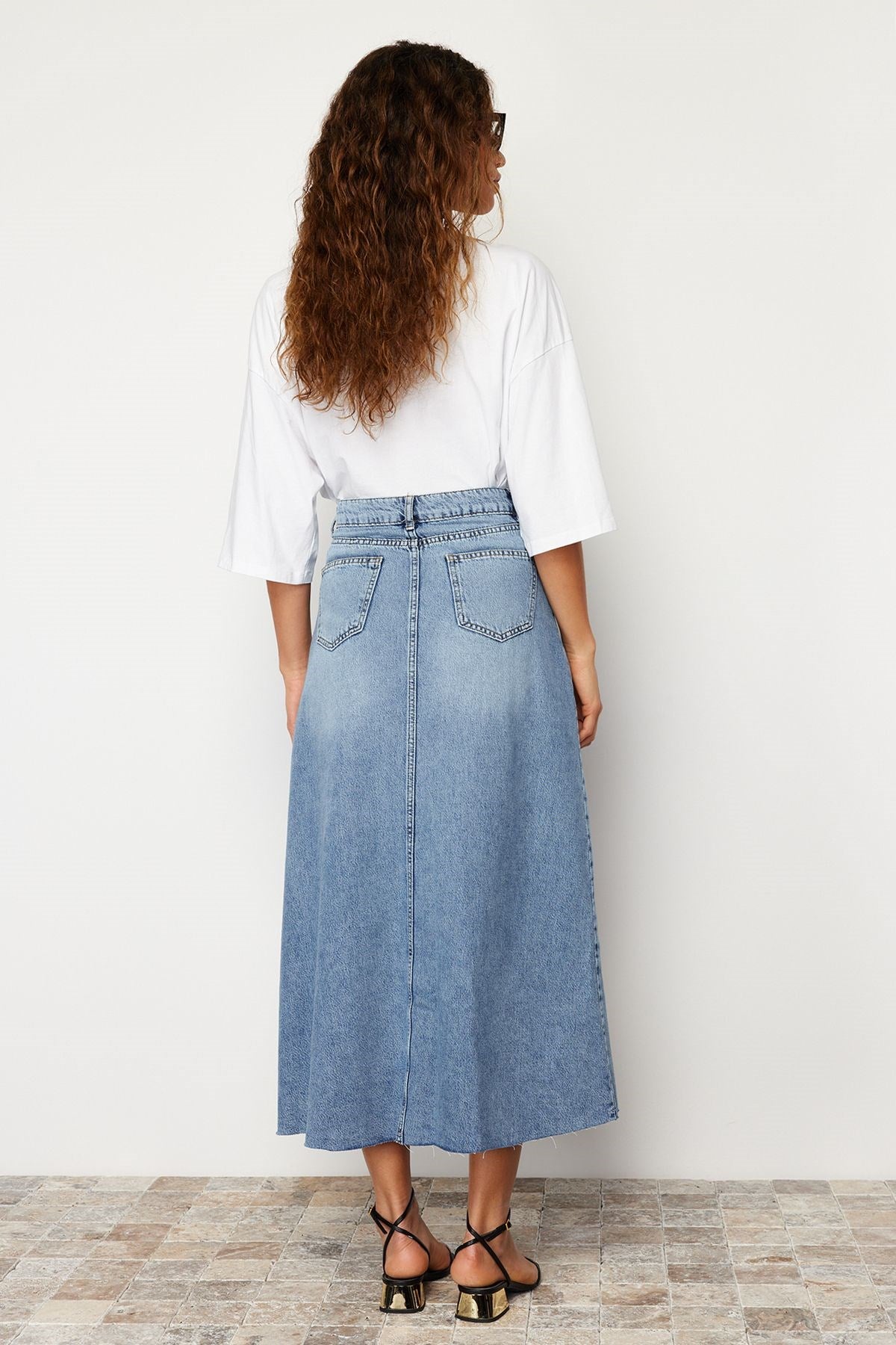 Blue Flounce Stitching Detailed High Waist Maxi Denim Skirt Twoss24et00012