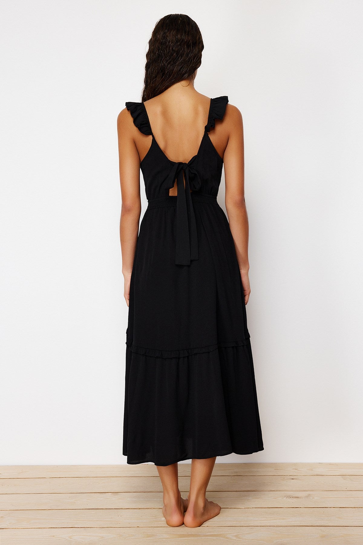 Black Maxi Woven Ruffle Beach Dress Tbess24el00092