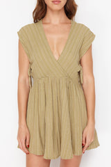 Khaki Mini Woven Cut Out/window Linen Blended Beach Dress Tbess24el00075