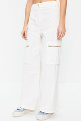 White Zipper Detailed High Waist Wide Leg Jeans Twoss24je00094