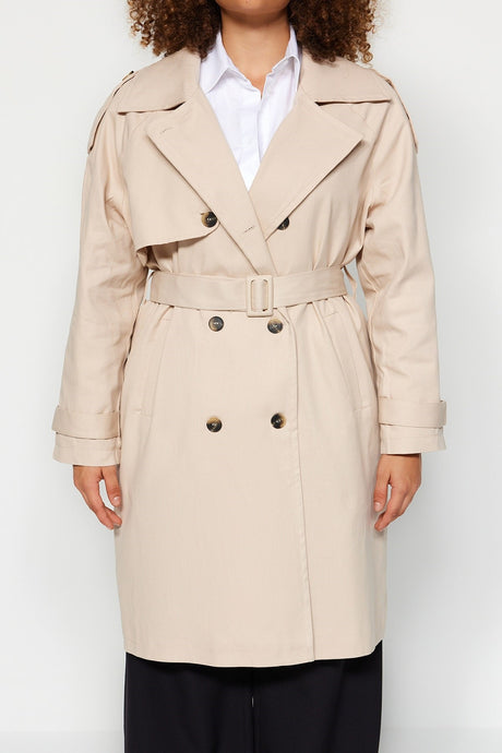 Beige Waist Belted Gabardine Trench Coat Tbbaw24bm00002