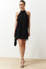 Black Polka Dot Ruffle Chiffon Lined Mini Woven Dress Twoss24el00540