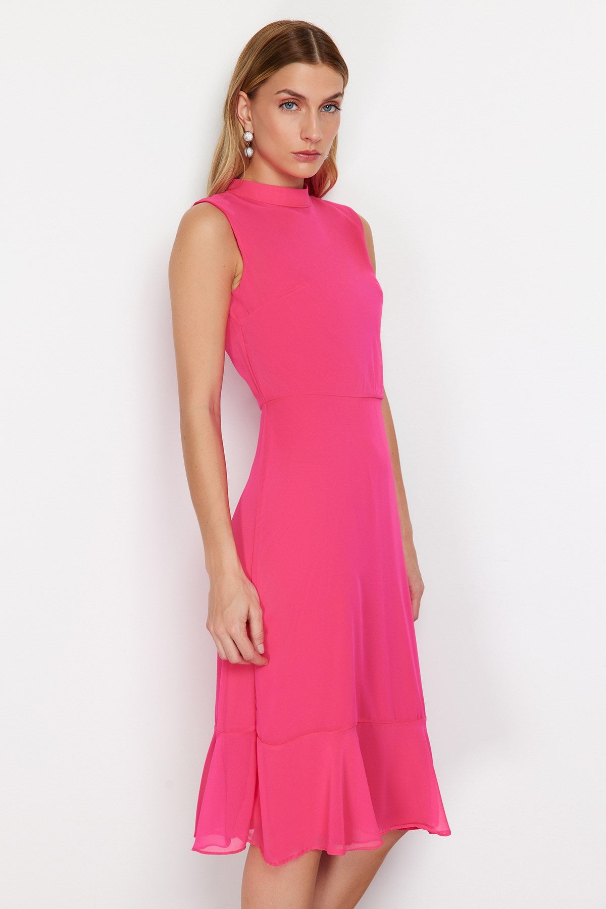 Fuchsia A Cut Skirt Frilled Midi Woven Dress Twoss24el00719