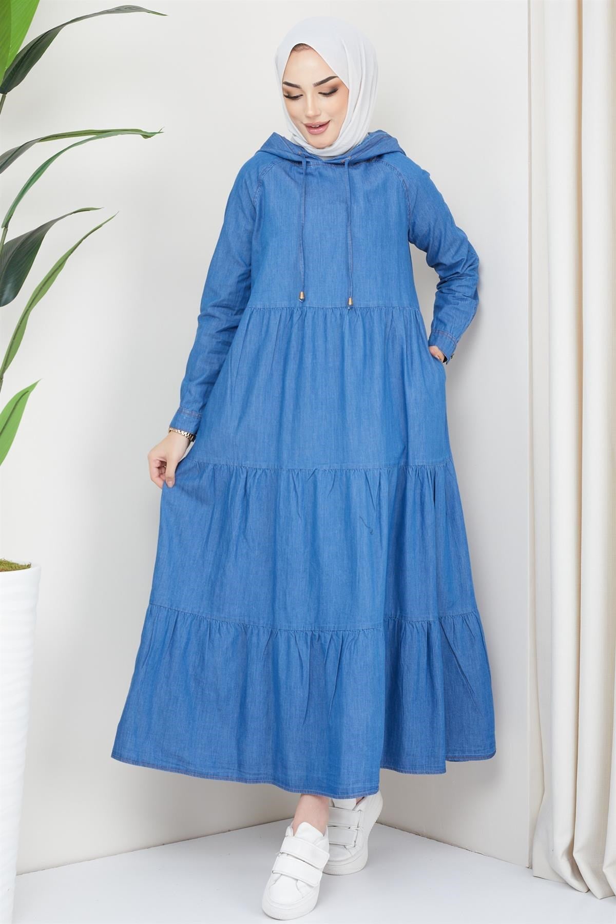 Hooded Detailed Denim Dress Dark Blue 2096