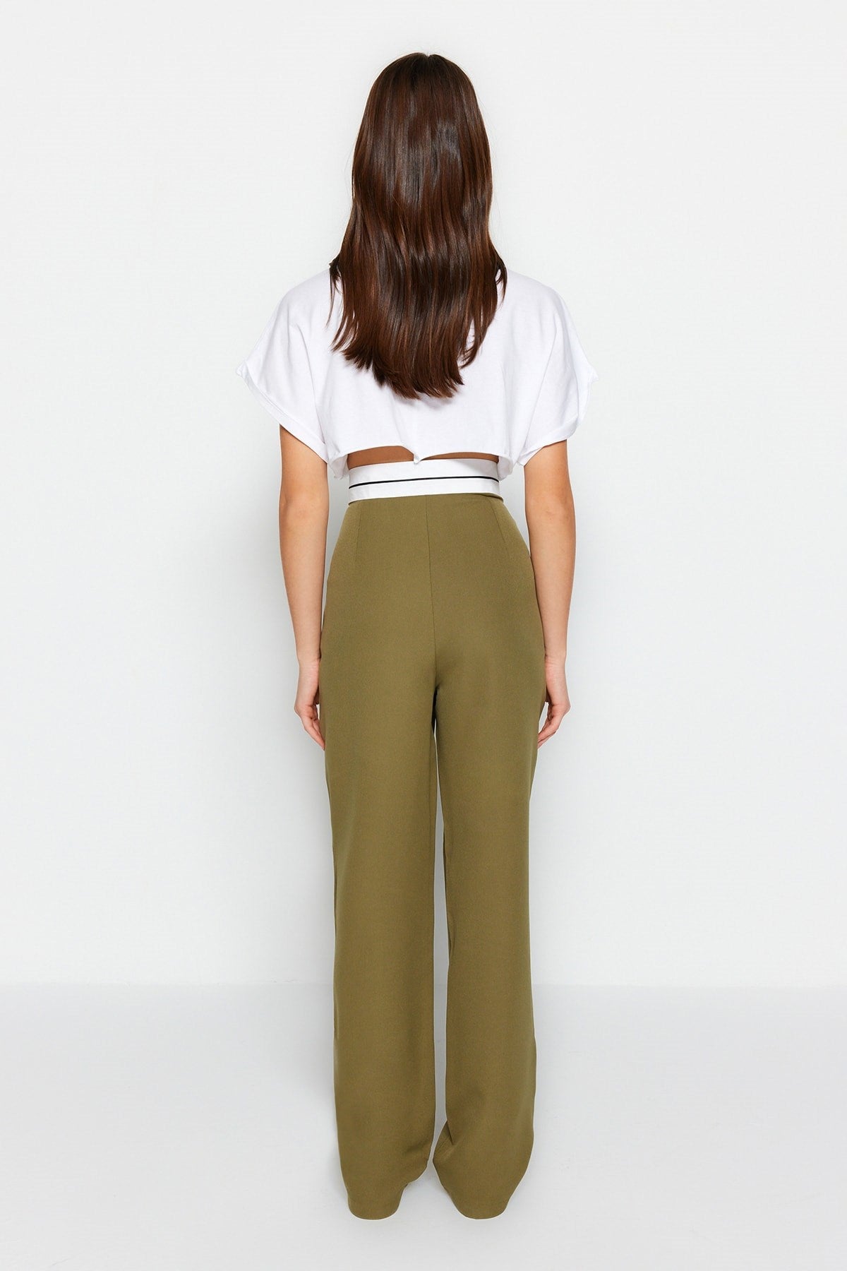 Khaki Wide Leg High Waist Belt Detailed Woven Pants Twoss23pl00150