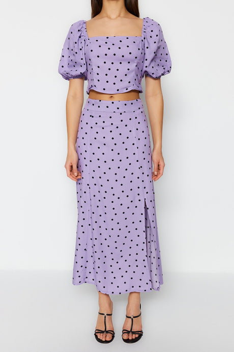 Lilac Polka Dot Slit Midi Viscose Woven Bottom Top Suit Twoss20au0097