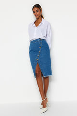 Blue Button Detailed Slit Midi Denim Skirt Twoss20et0494