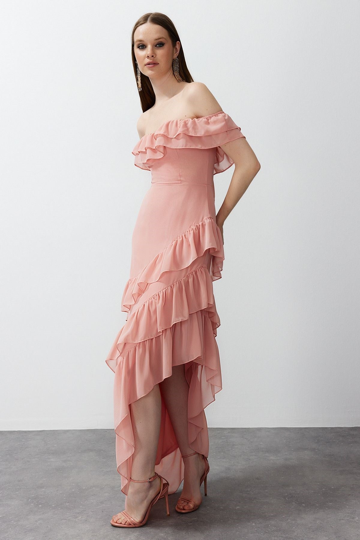 Dusty Rose Ruffle Chiffon Long Night Evening Dress Tprss24ae00092