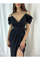 Black Crepe Fabric Double-breasted Neckline Slit Detailed Bust Neckline Evening Dress And Graduation