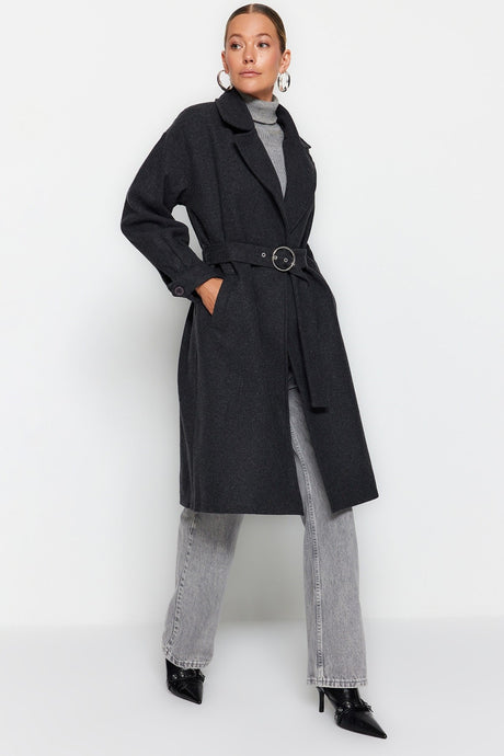 Stone Round Belt Long Woolen Cashmere Coat Twoaw20kb0029